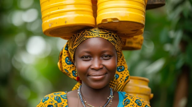 A woman with a yellow headband on her forehead carrying buckets of water