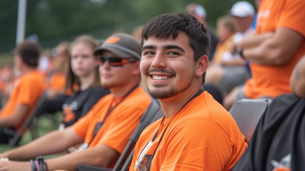 A group of a man in an orange shirt sitting down