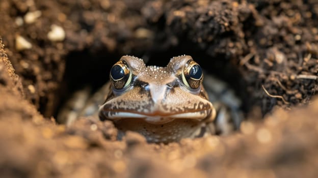 A frog peeking out of a hole in the ground