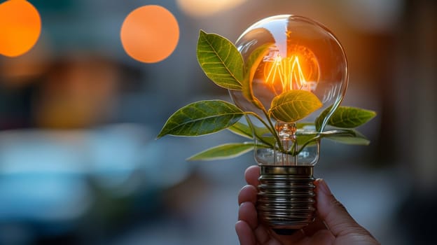 A person holding a light bulb with green leaves inside