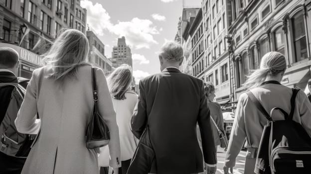 A group of people walking down a street with buildings in the background