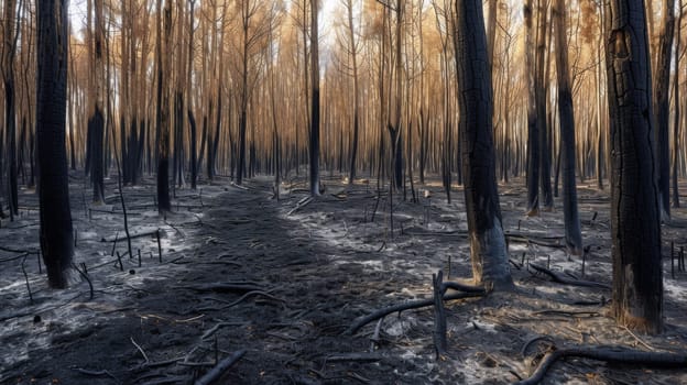 A forest with trees that have been burned and are bare