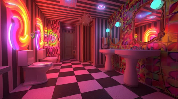 A bathroom with a checkered floor and neon lights on the walls