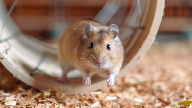 A hamster is running through a wooden wheel on the ground