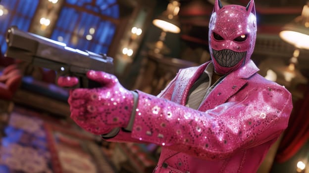 Batman in pink suit holding a gun