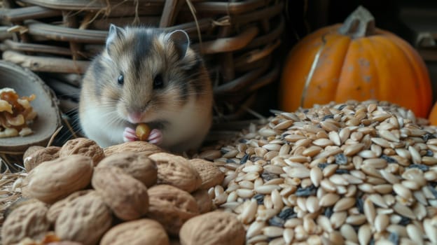 A hamster eating nuts and seeds in a basket with pumpkins