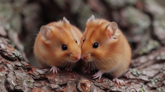 Two small brown and white mice are sitting on a tree branch