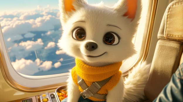 A small white dog sitting in an airplane seat with a scarf around its neck