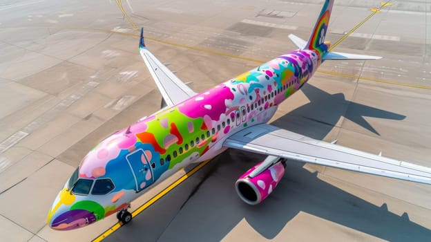 A colorful airplane painted with multicolored designs on the side