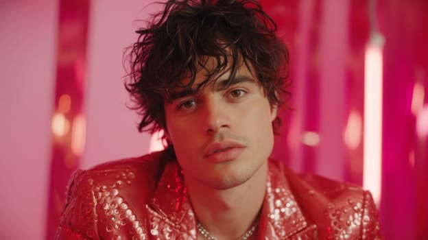 A man in a red sequined jacket with his eyes closed