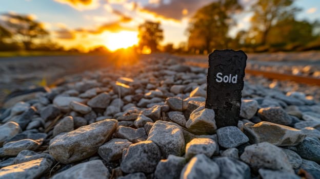 A sign on a rock road with the sun setting in front of it