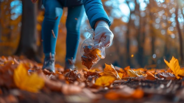 A person picking up a leaf from the ground in autumn