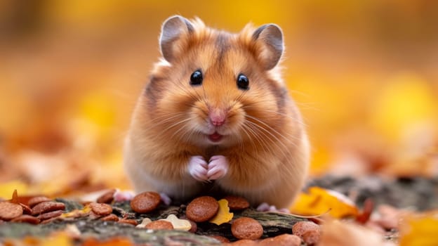 A small brown and white hamster sitting on a pile of leaves