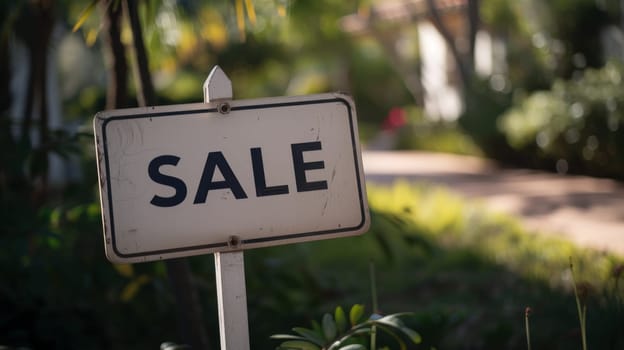 A sale sign in front of a house with trees and grass