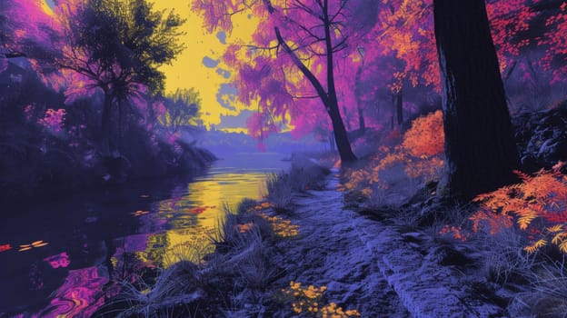 A river is surrounded by colorful trees and flowers