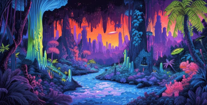 A painting of a colorful fantasy scene with trees and water