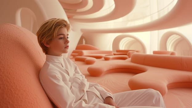 A young woman sitting on a couch in an unusual room