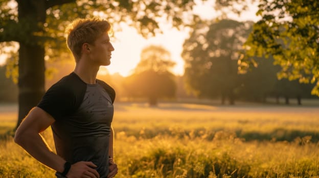 A man standing in a field with trees and grass behind him