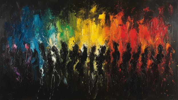 A painting of a group of people standing in front of an abstract background