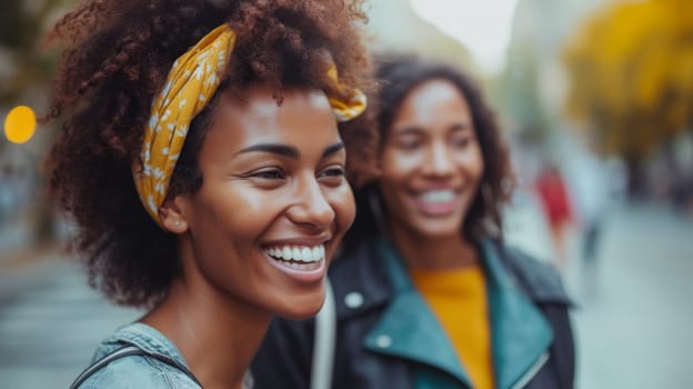 Two women with afros smiling and laughing together