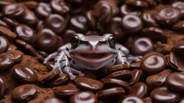 A small frog sitting in a pile of chocolate chips