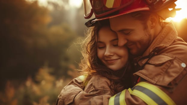 A man and woman hugging in a field with fire fighter