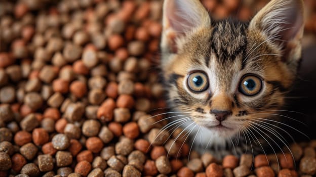 A kitten peeking out from behind a pile of food