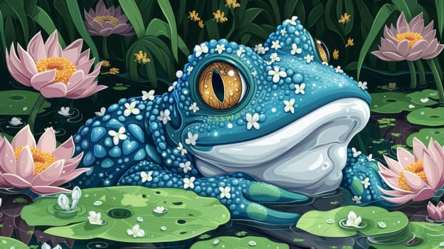 A blue frog sitting in a pond surrounded by lily pads