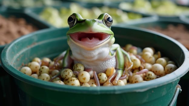 A frog sitting in a bucket of eggs with its mouth open