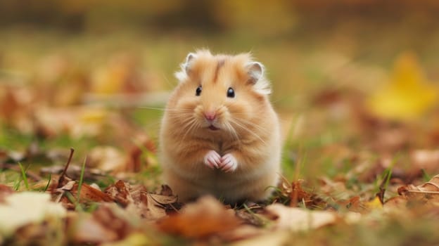A small hamster is standing in the middle of a field