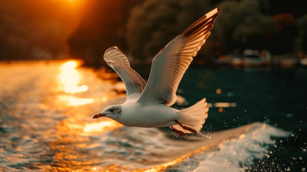 A seagull flying over the water at sunset with a boat in front of it