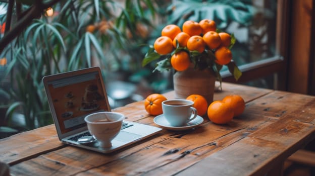 A laptop and coffee cup on a wooden table with oranges