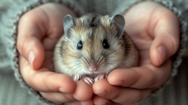 A person holding a small mouse in their hands