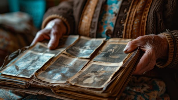 An old woman holding a book with pictures of her family