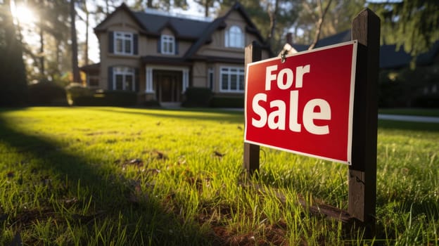 A for sale sign in front of a house with green grass