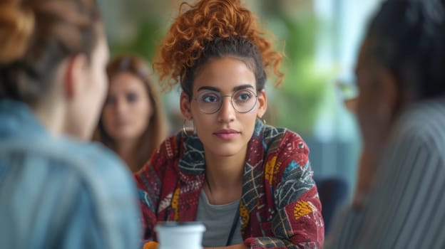 A woman with glasses sitting at a table talking to other people