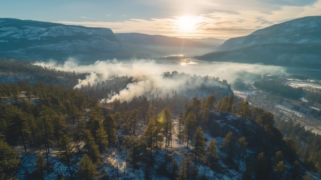 A view of a mountain range with trees and fog in the distance