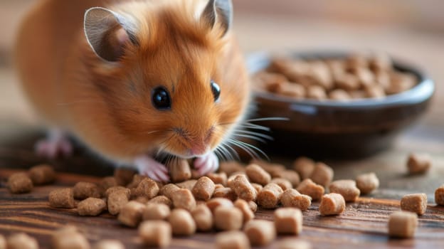 A small brown and white hamster eating from a bowl of food