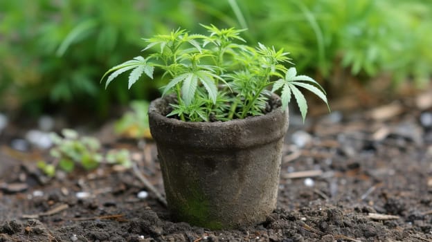 A small plant growing in a pot on the ground