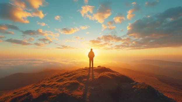 A person standing on top of a hill with the sun setting behind them