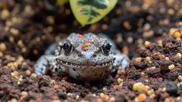 A close up of a frog sitting in the dirt with leaves