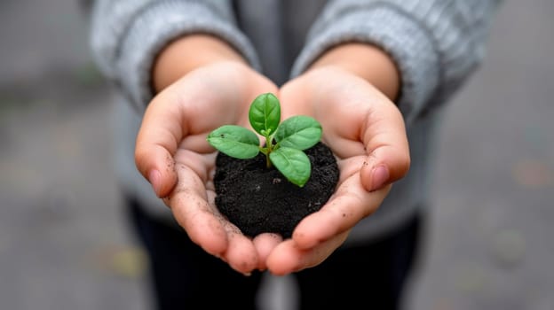 A person holding a small plant in their hands with dirt