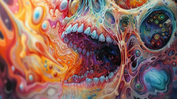 A painting of a colorful skull with many different colors