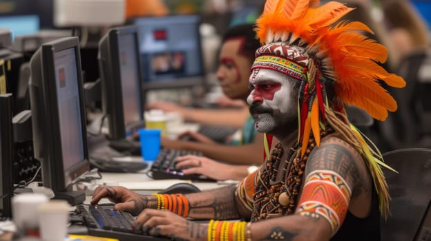 A man with a headdress and feathers on his face sitting at a computer