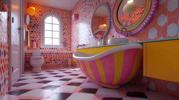 A bathroom with a colorful patterned floor and walls