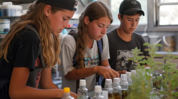 Three young people are working together in a lab to make something