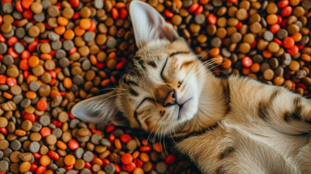 A cat sleeping on a pile of food and treats