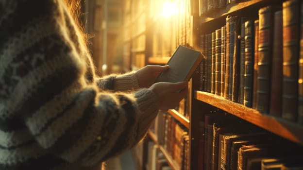 A person holding a book in front of bookshelves
