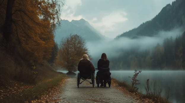 Two people in wheelchairs sitting on a path next to the water