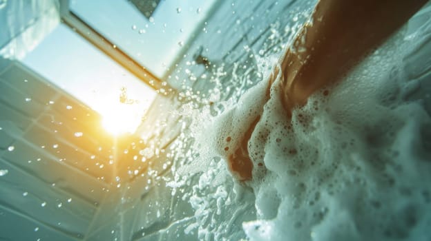 A person's hand in a tub of water with bubbles coming out